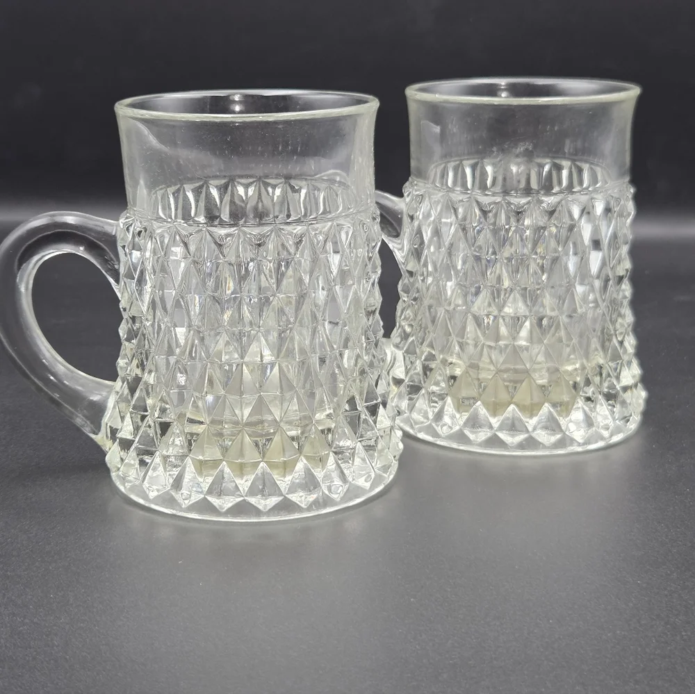 Indiana Glass Diamond Point Handled Coffee Mug Clear Cup Beer Set of 2